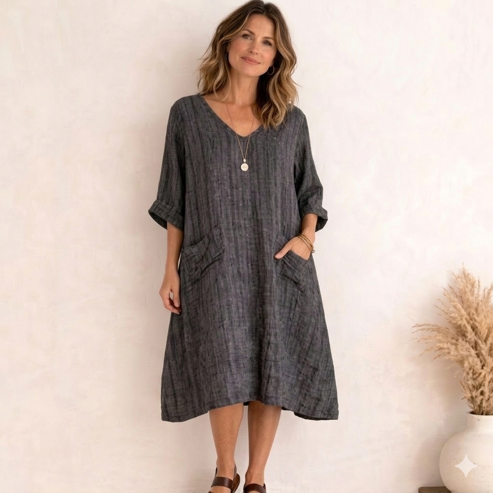 Flax 100% Linen Black V Neck Midi Dress Size Small
